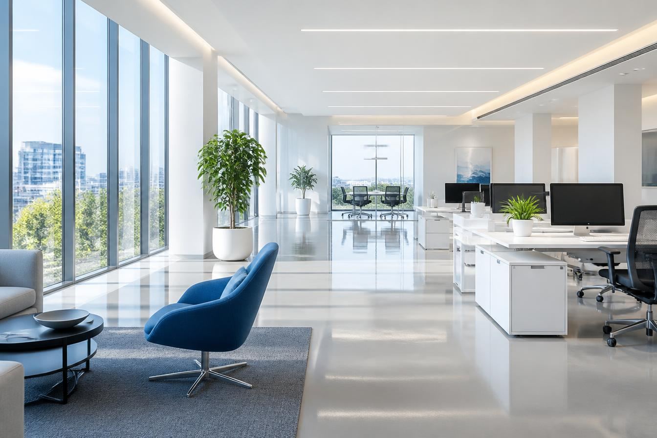 Modern clean office interior with bright natural light